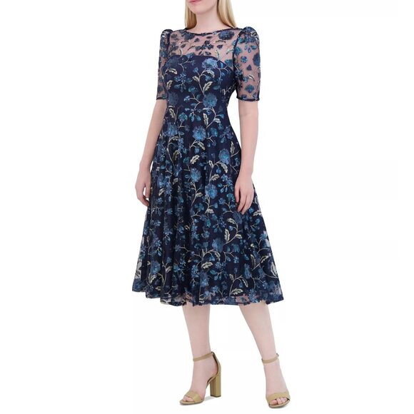 New Eliza J Dress 10 Navy Sequin Floral Embroidery Illusion Fit & Flare Midi NWT - Picture 1 of 14